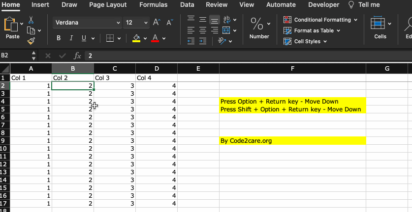Go to next line in Excel on Mac 